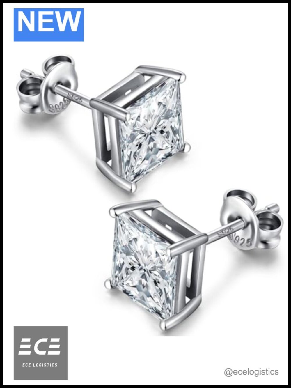 925 Sterling Silver Square Stud Earrings Cubic Zirconia Hypoallergenic Unisex